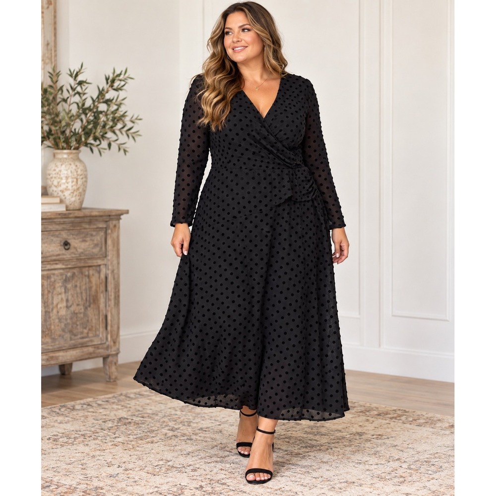 Lauren Ralph Lauren Black Polka Dot Faux Wrap Long Sleeve Midi Dress Size 18